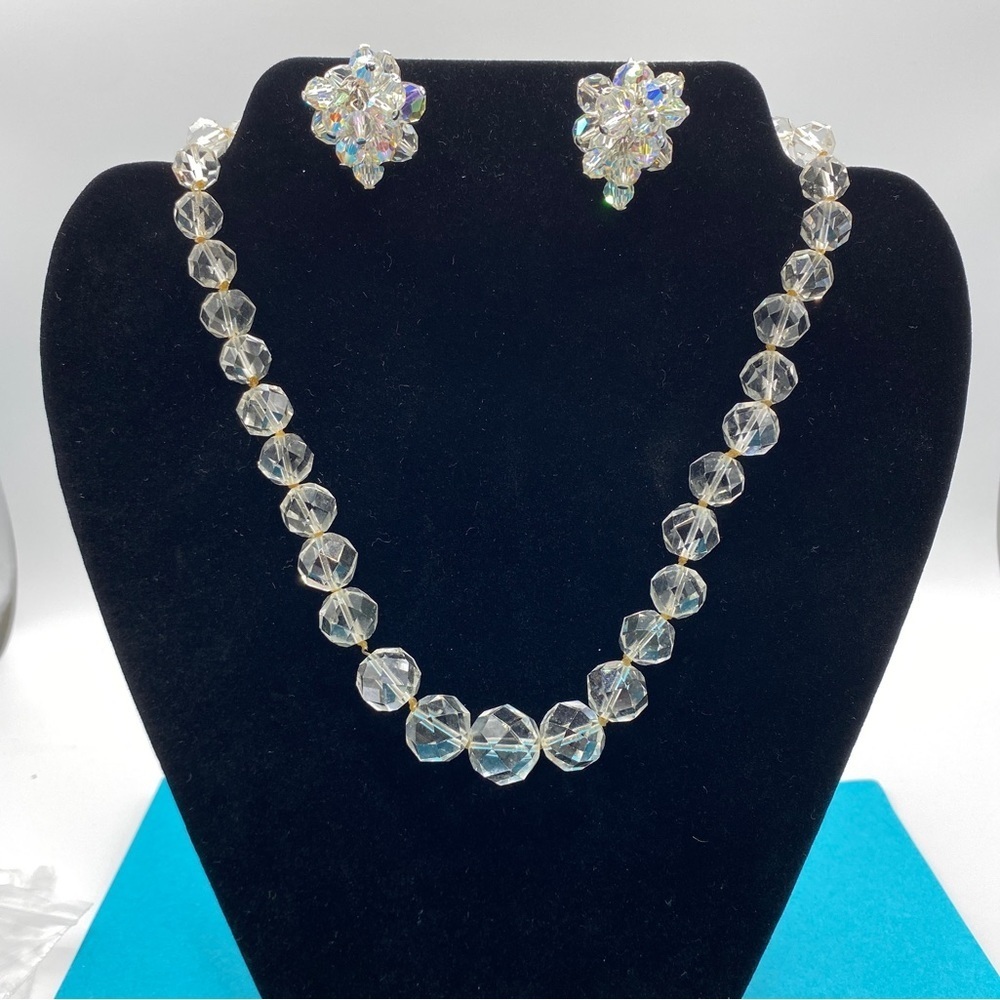 Crystal Graduated Faceted Beads Necklace & AB Chandelier Clip-on Earrings Set